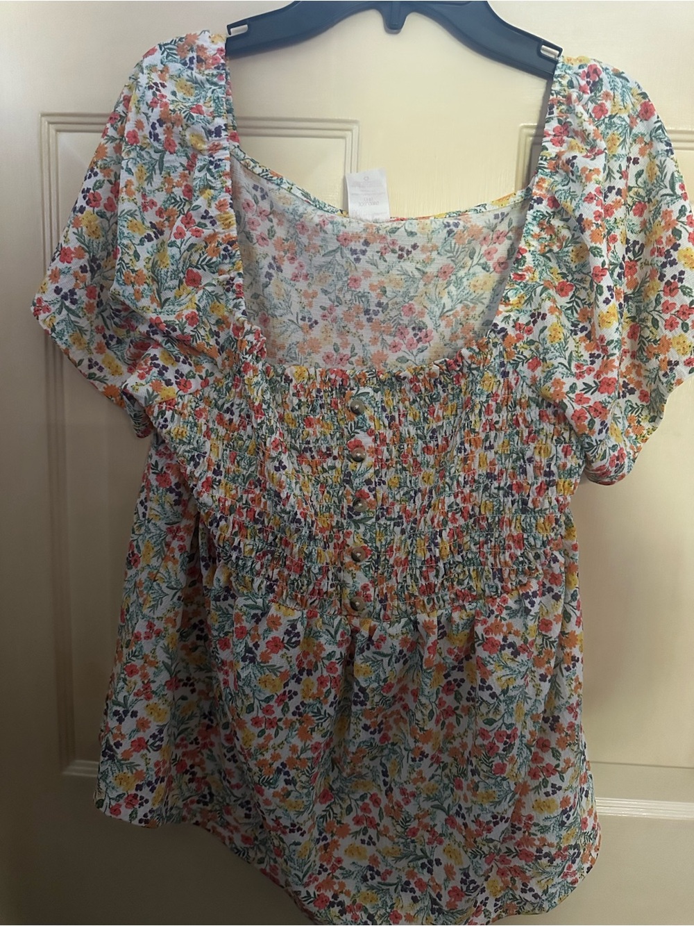 No Boundaries Floral Smocked Square-Neck Blouse - Yellow, Pink & Green